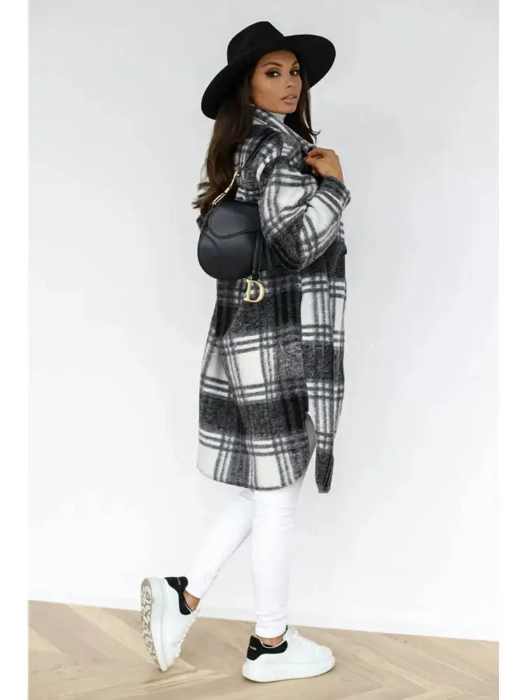 Women's Plaid Printed Long Overcoat Jacket