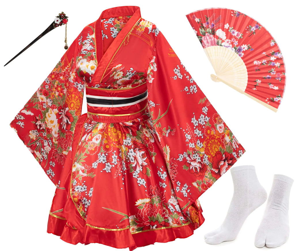 Elibelle Japanese Anime Womens Dance Kimono Robe Fancy Dress Yukata Silk Folding Fans Tabi Hairstick Socks set Red Plus size