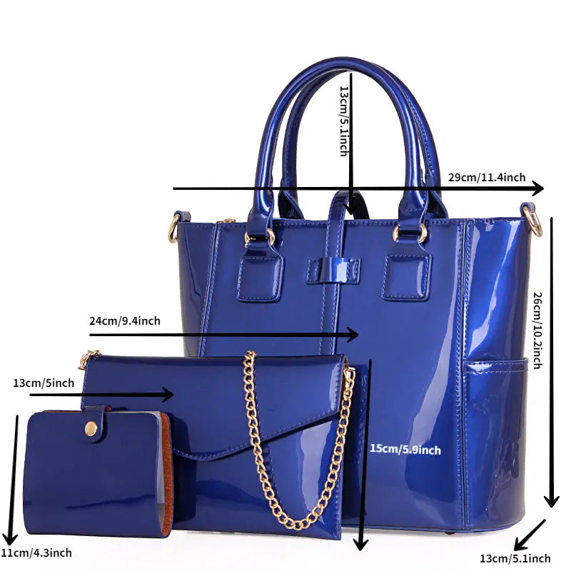Glossy Patent Leather Bag Set with Tote, Clutch, Purse