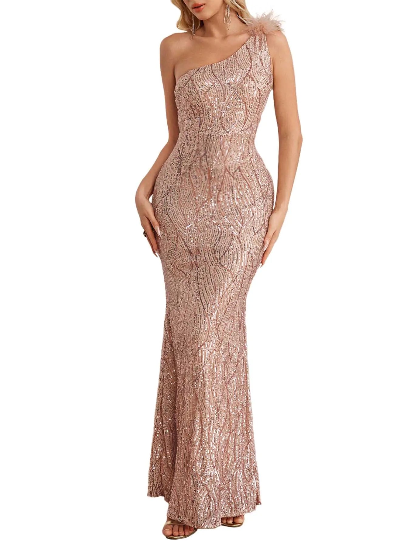 Womens One Shoulder Champagnegold Formal Evening Gowns Sequin Mermaid Maxi Dress for Wedding Guest Ceremony Anniversary DressXL