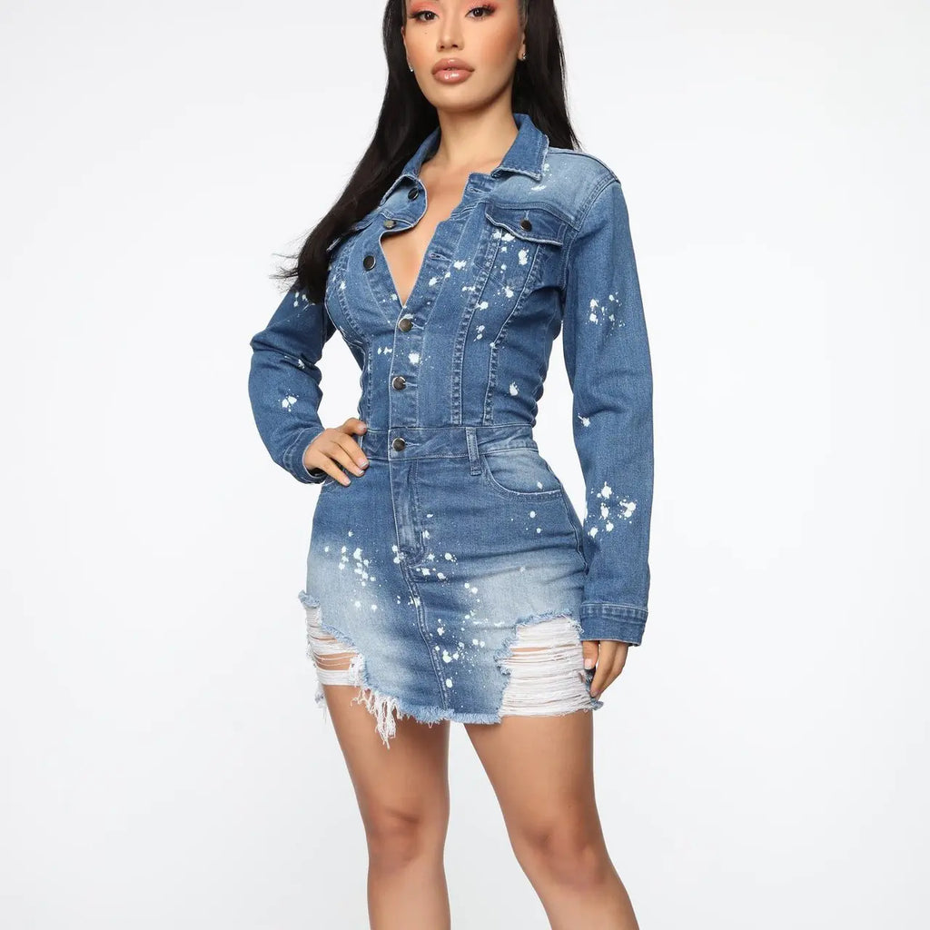 Elastic Denim Dress with Buttocks Support