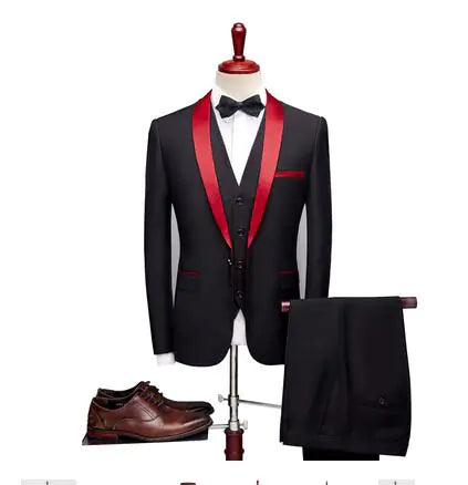 Burgundy Three-Piece Men's Suit with Slim Fit Design
