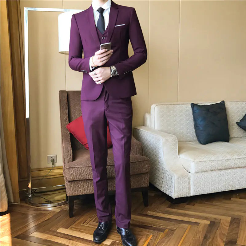 Men's Slim Fit Solid Color Wedding Suit Set