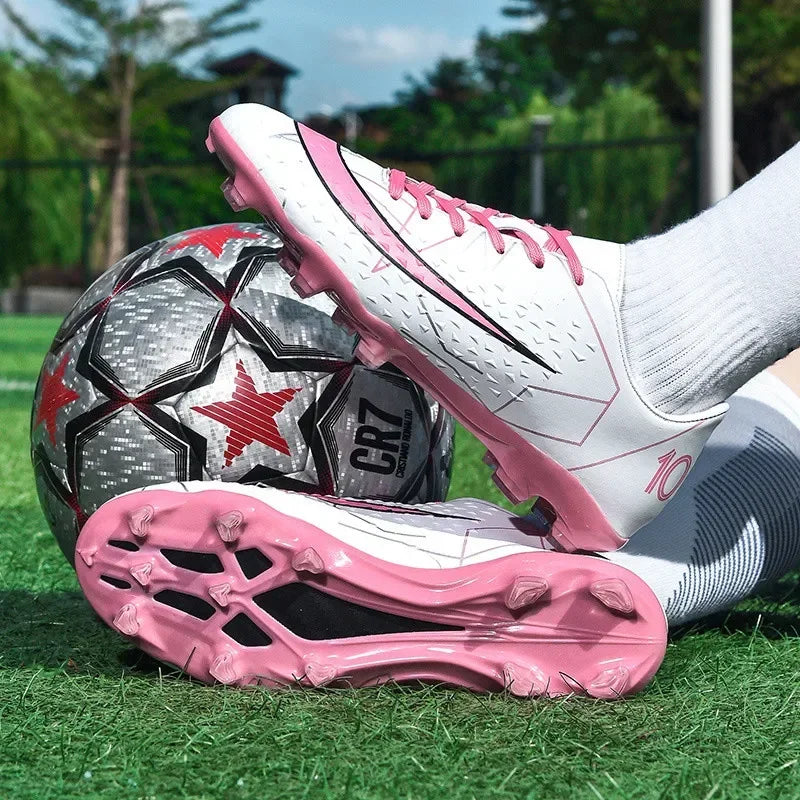 Fashion White Pink Football Sports Shoes Men Women Cheap Long Spikes Soccer Cleats Men Professional Futsal Shoes Zapatos Futbol