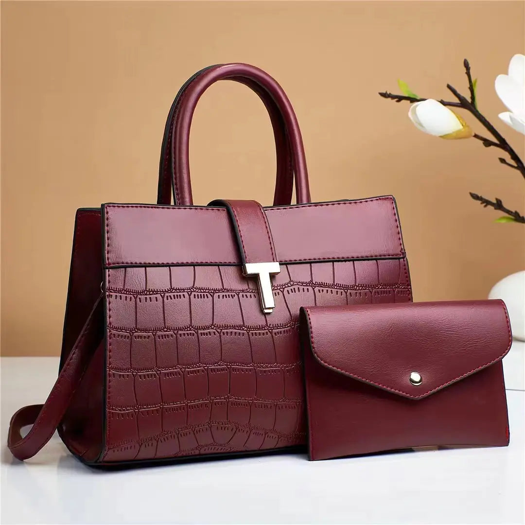 Crocodile Embossed Satchel Bag Set with Mini Purse