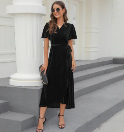 Mid-Length Formal Dress in Gold Velvet for Women