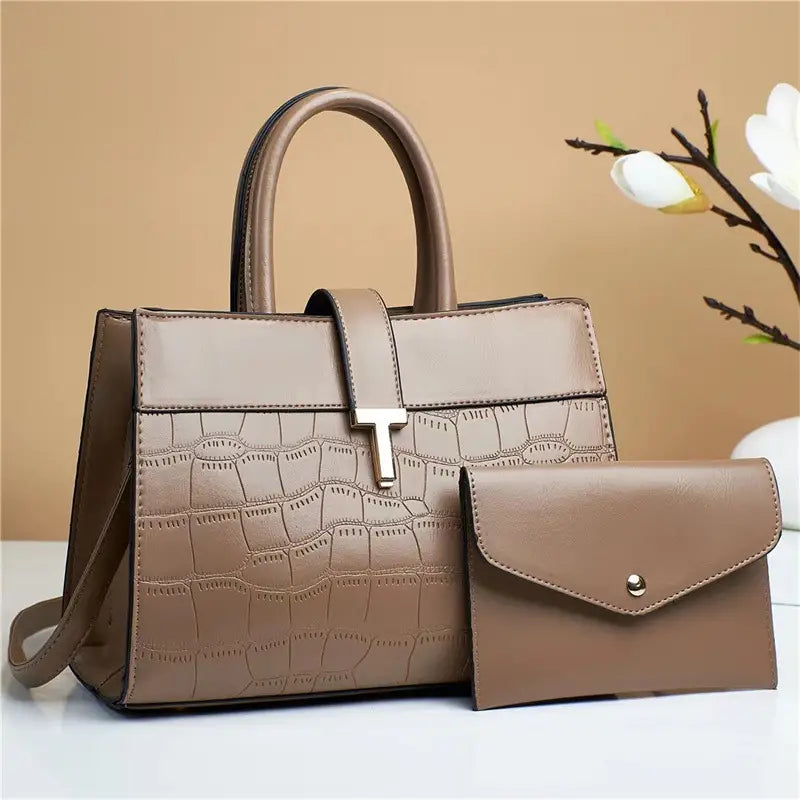 Crocodile Embossed Satchel Bag Set with Mini Purse
