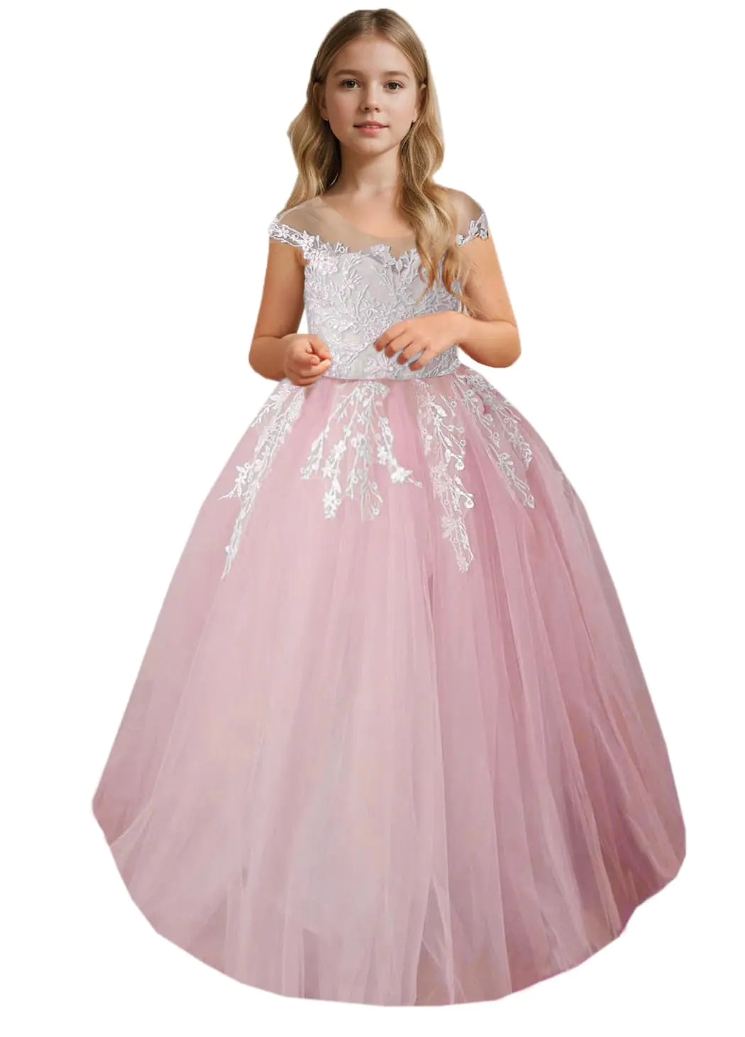 M_RAC Lace Appliques Flower Girls Dresses for Wedding Party Dress Tulle First Communion Ball Gowns 4 Baby Pink