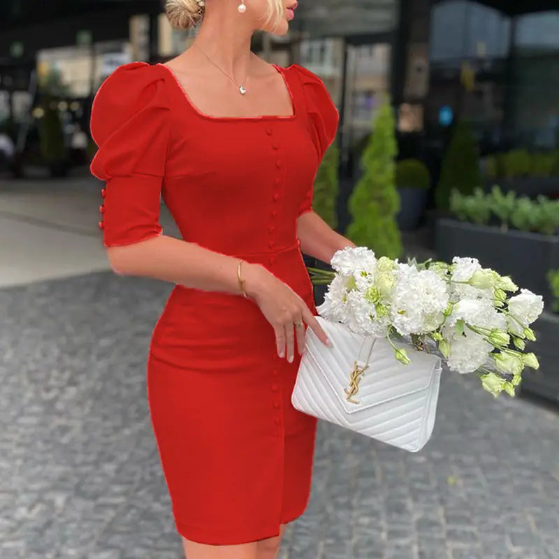Fashion Square Collar Puff Sleeve Dress