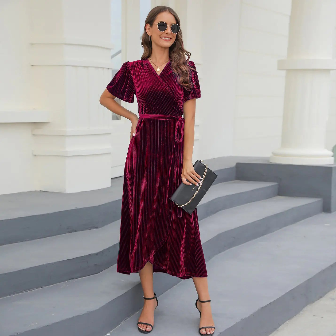 Mid-Length Formal Dress in Gold Velvet for Women