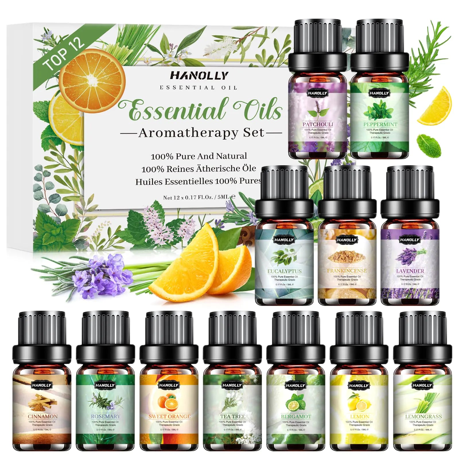 Essential Oils Set Aromatherapy Essential Oil Kit for Diffuser Humidifier Massage Skin Care (12 x 5ml) - Tea Tree Lavender Sweet Orange Eucalyptus Lemongrass Peppermint
