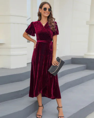 Mid-Length Formal Dress in Gold Velvet for Women