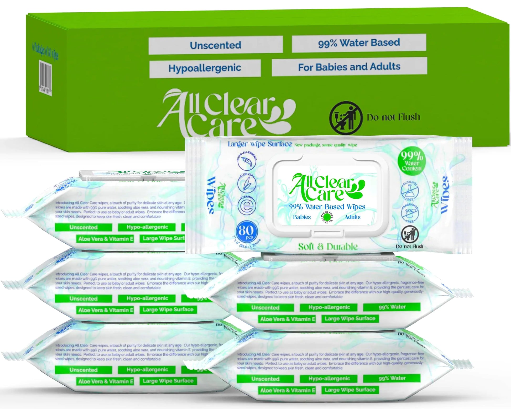 All Clear Care Baby Wipes Unscented Wipes for Sensitive Skin Large Soft Durable & 99% Water Based Gentle & Hypoallergenic for Babies & Adults Vitamin E and Aloe Flip Top Lid 6 Pack (480 Wipes)