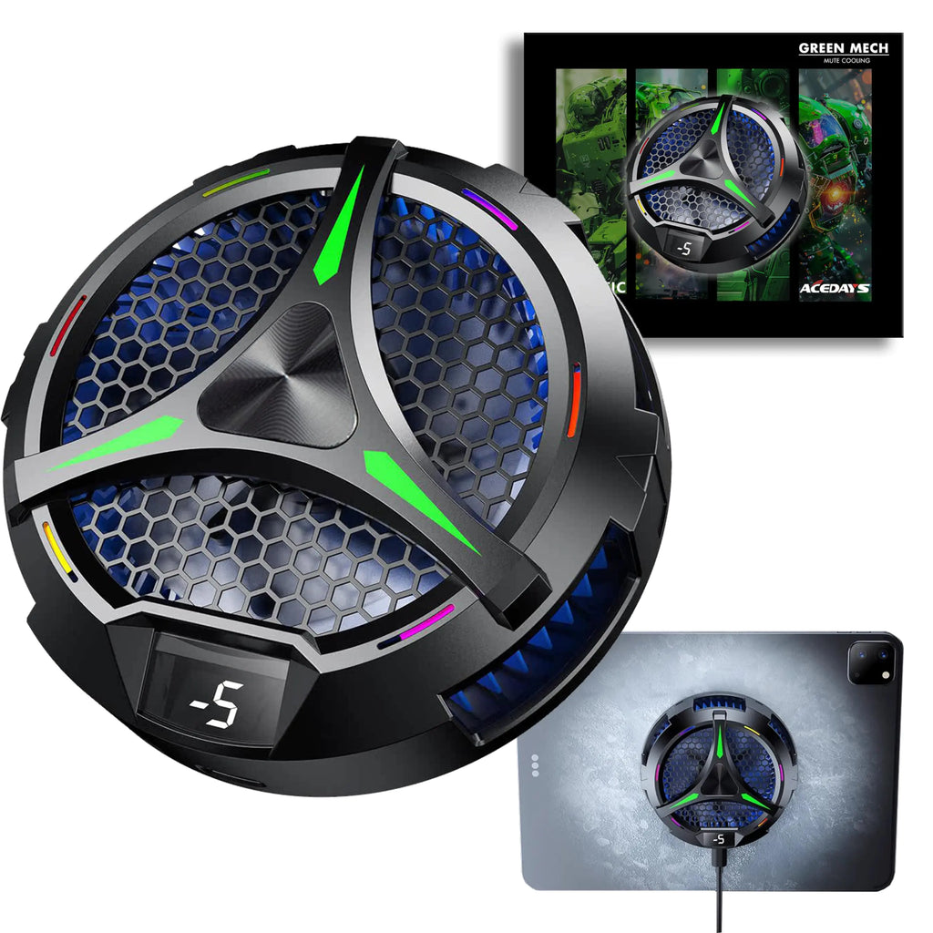 ACEDAYS Magnetischer Kühler für iPad Tablet-Kühler für iPad/Surface Pro/Samsung Tab universeller Heizkörper mit Temperaturanzeige für mobiles Gaming Tiktok Live Streaming (Green Mech)
