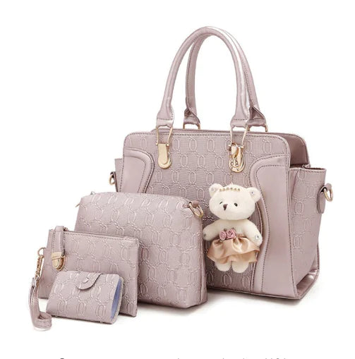 4-Piece Women's Versatile Handbag Set with Bear Bag