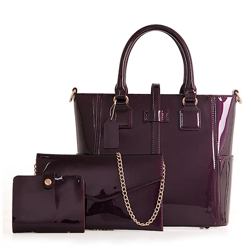Glossy Patent Leather Bag Set with Tote, Clutch, Purse