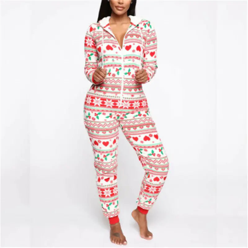 2020 Christmas Print Hooded Jumpsuit for Home Wear
