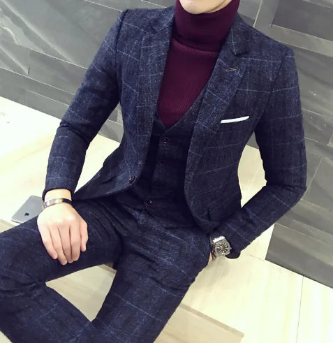 3-Piece Korean Slim Fit Men's Suit with Checkered Blazer