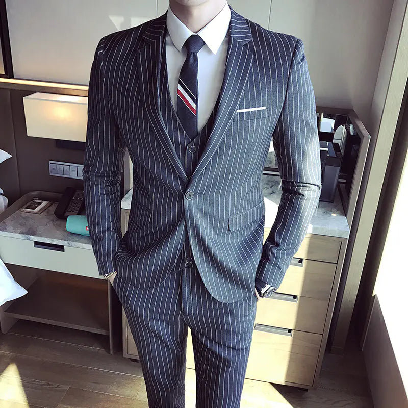 Men's Slim Fit Striped 3-Piece Suit Set for Spring