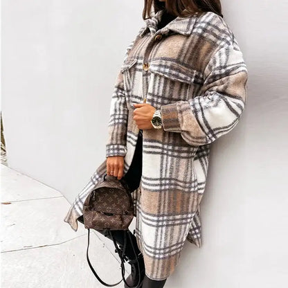 Women's Plaid Printed Long Overcoat Jacket