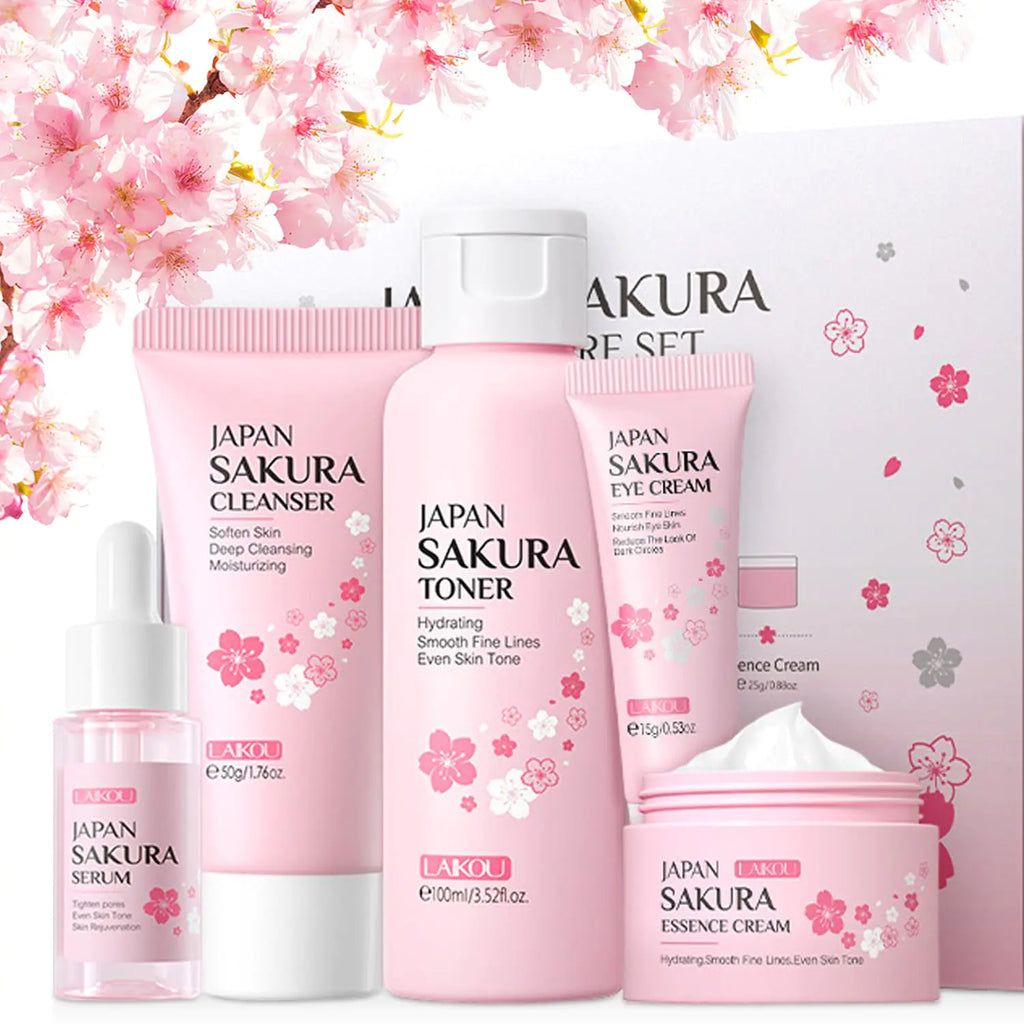 5Pcs Skin Care Set Sakura Women Beauty Gift Sets Korean Skin Care Kit with Cleanser Face Serum Face CreamTonerEye Cream Mud Mask - Skin Care Routine Kit for Women (Sakura)