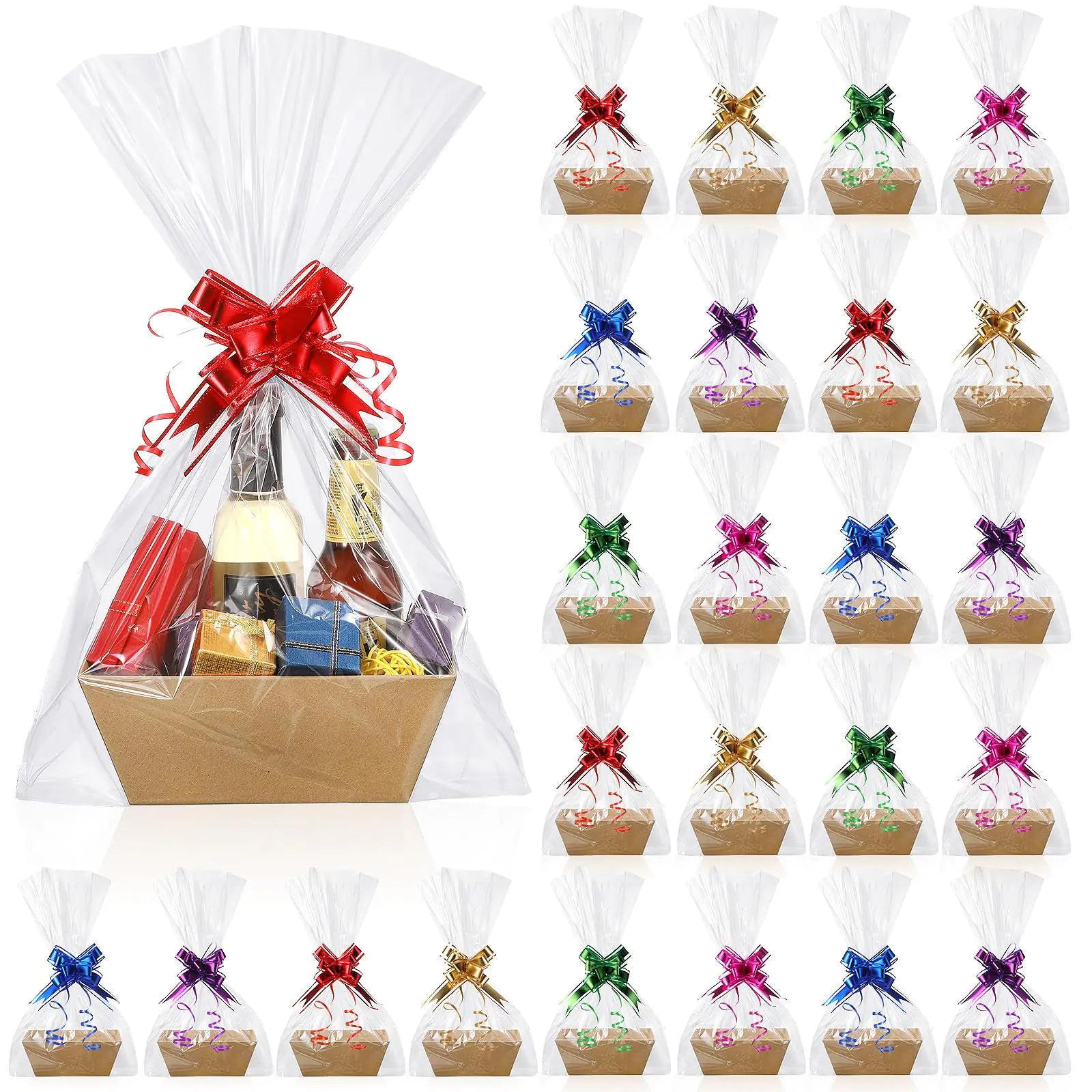 Canlierr 24 Sets Empty Gift Basket Set Basket for Gifts Empty 8 x 6 x 3 Inches Kraft Market Tray Cardboard Basket with Handles Bags and Multicolor Bows for Wedding Birthday Easter