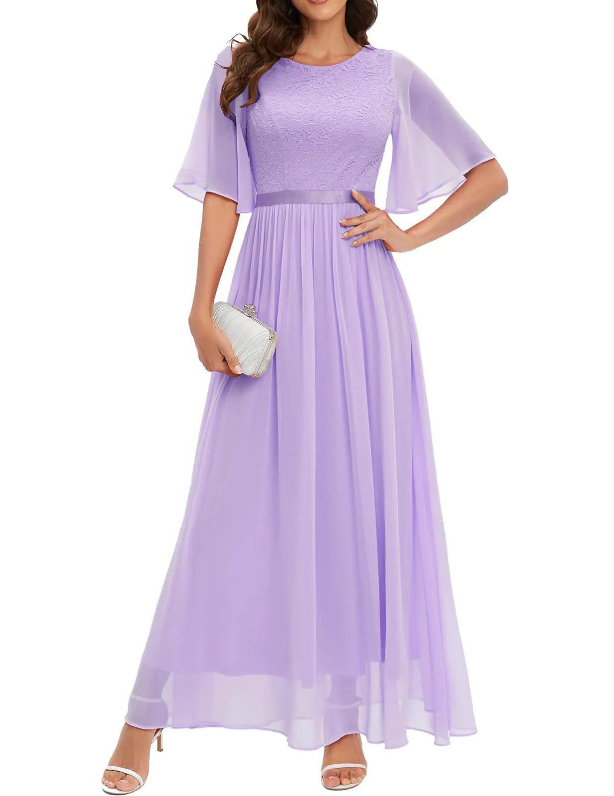 Bbonlinedress Womens Plus Size Long Lace Bridesmaid Formal Evening Gowns Prom Chiffon Maxi Wedding Guest Dress Lavender 2XL
