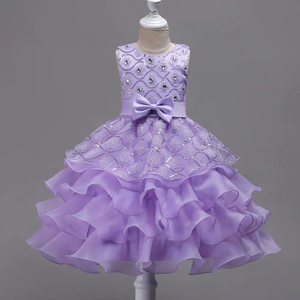 Children's Bow Lace Dress with Flounces