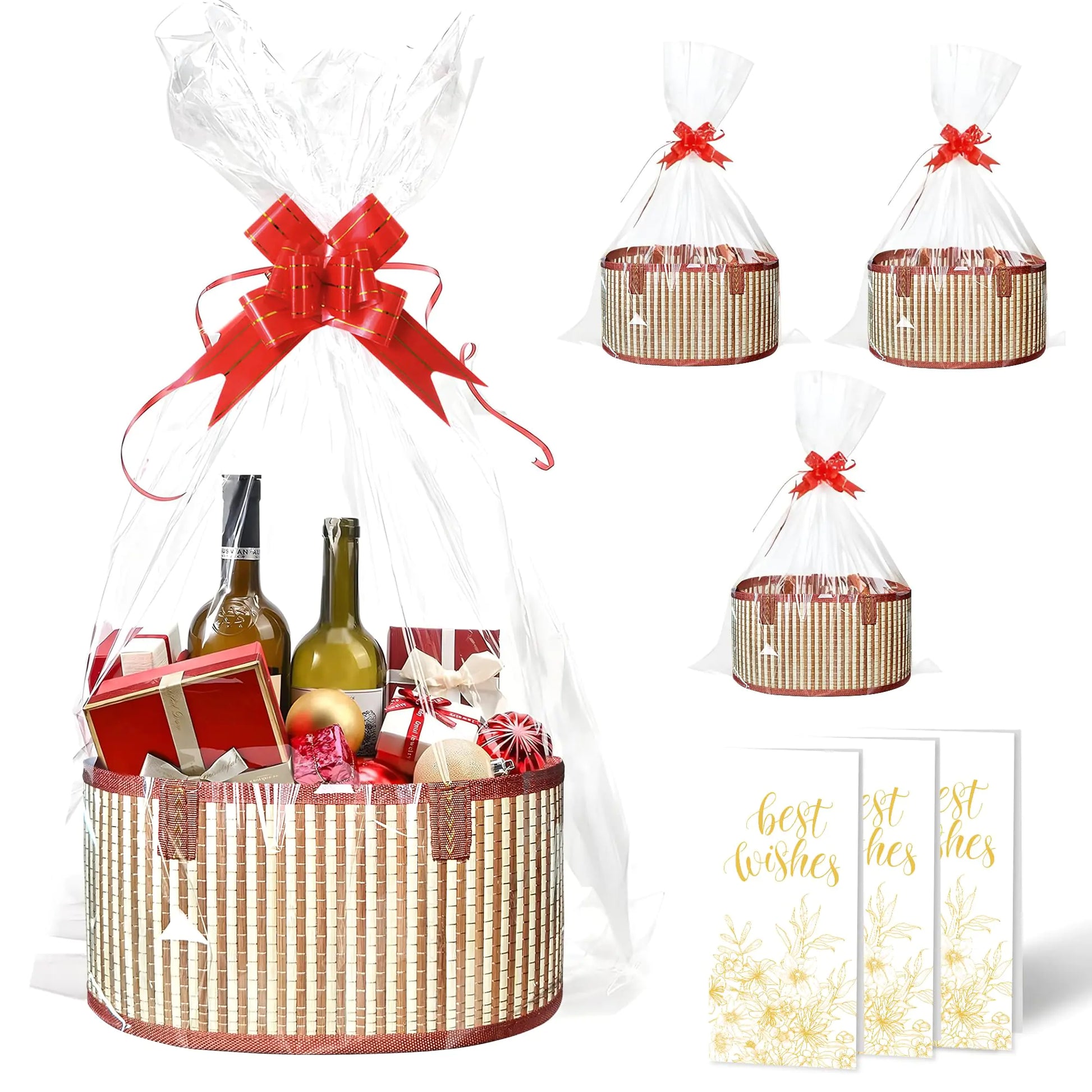 3 Set Baskets for Gifts Empty Large Woven Bamboo Gift Baskets with Handles Sturdy Foldable Empty Gift Baskets to Fill Perfect for Christmas Gift Basket Baby Shower - Included 3 Cellophane Wrap Bags 3 Gift Cards