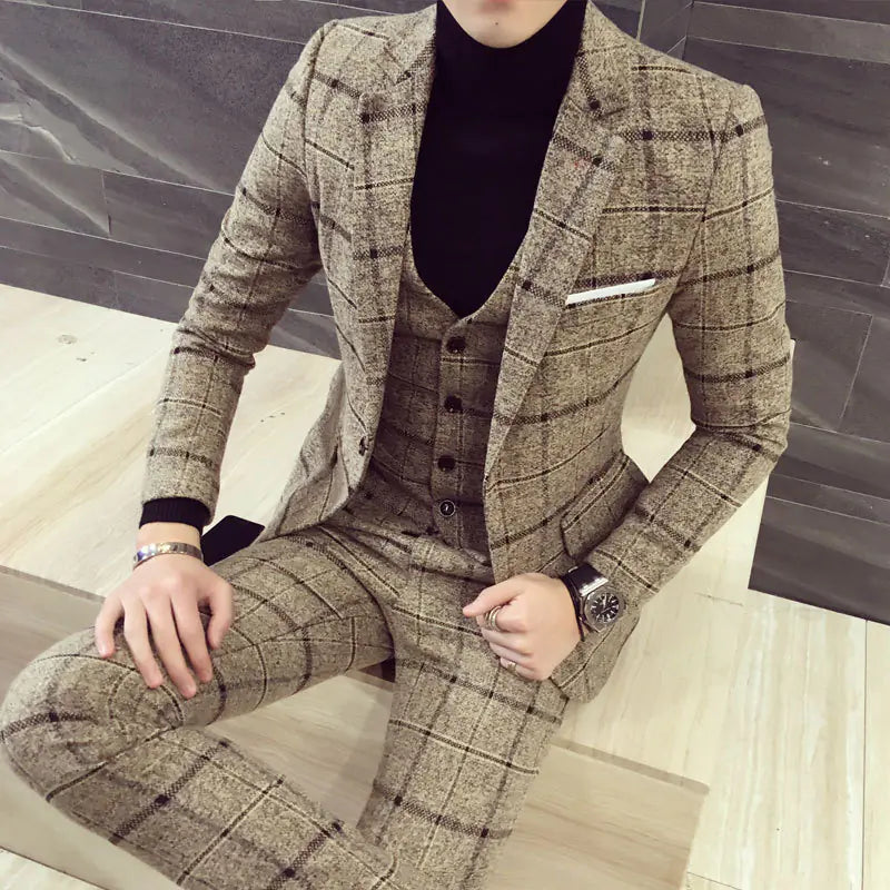 3-Piece Korean Slim Fit Men's Suit with Checkered Blazer
