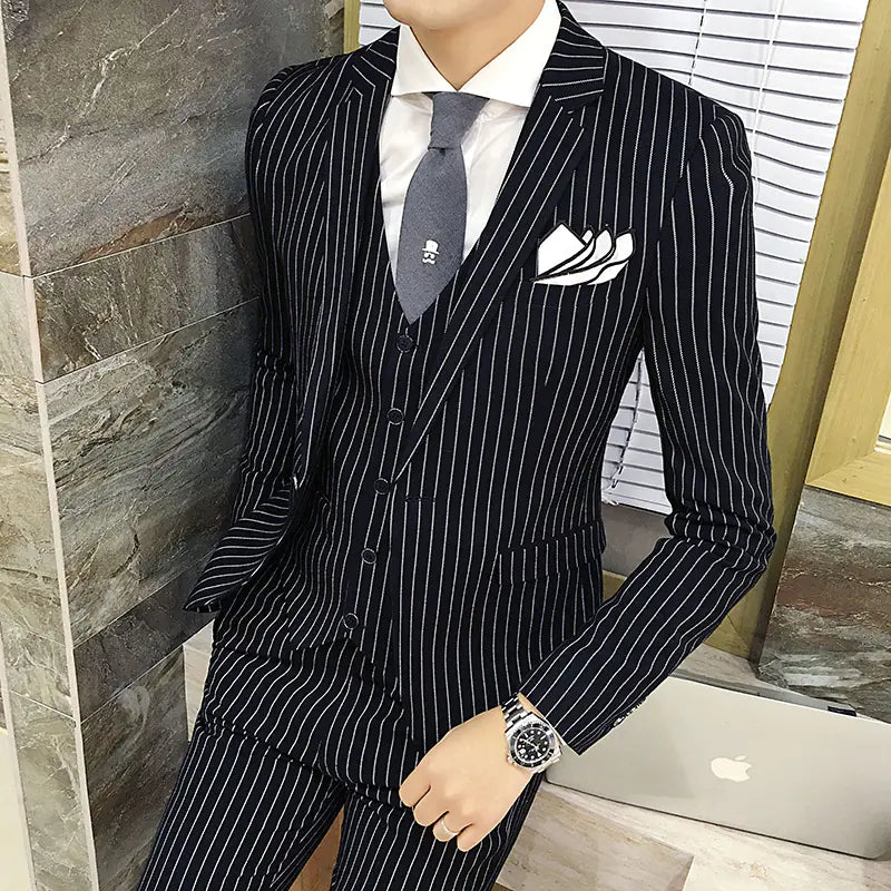 Men's Slim Fit Striped 3-Piece Suit Set for Spring