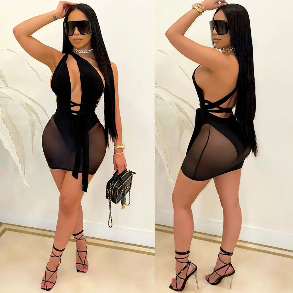 Irregular Mesh Sloping Shoulder Dress