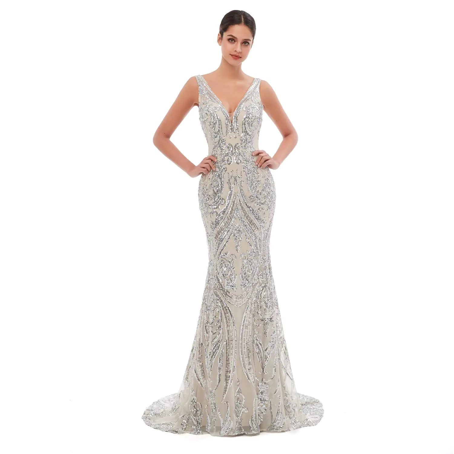 Engerla Mermaid V Neck Evening Dresses Silver Sequind Prom Dresses Womens Party Dress Celebrity Pageant Gowns 16W