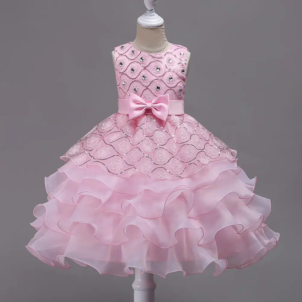 Children's Bow Lace Dress with Flounces