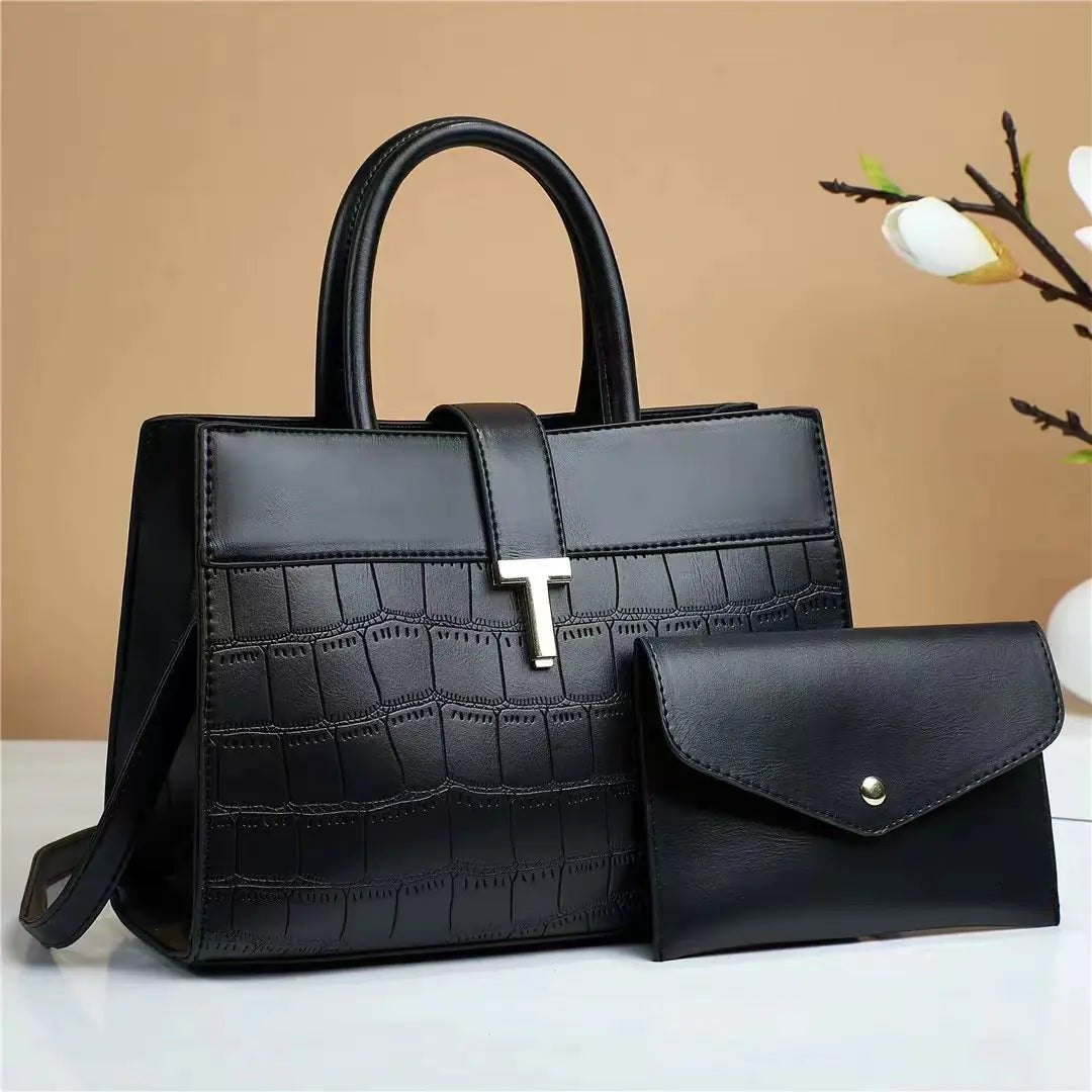 Crocodile Embossed Satchel Bag Set with Mini Purse
