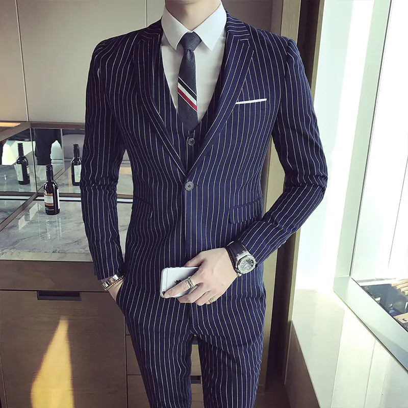 Men's Slim Fit Striped 3-Piece Suit Set for Spring