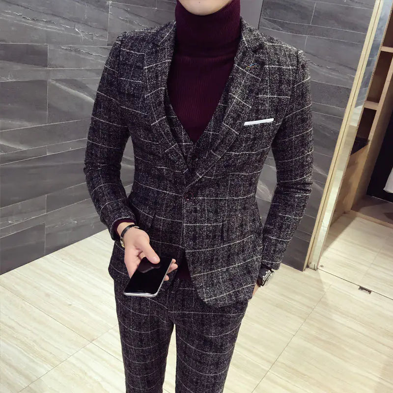 3-Piece Korean Slim Fit Men's Suit with Checkered Blazer