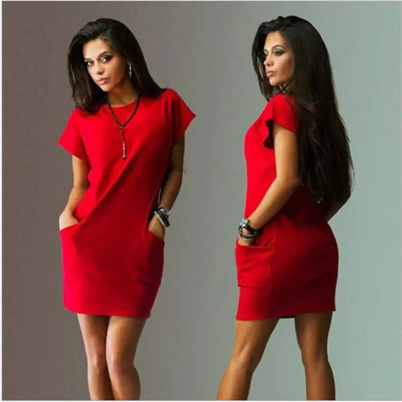 Pocket Dress, Solid Color, Slim Fit, Round Neck Dress