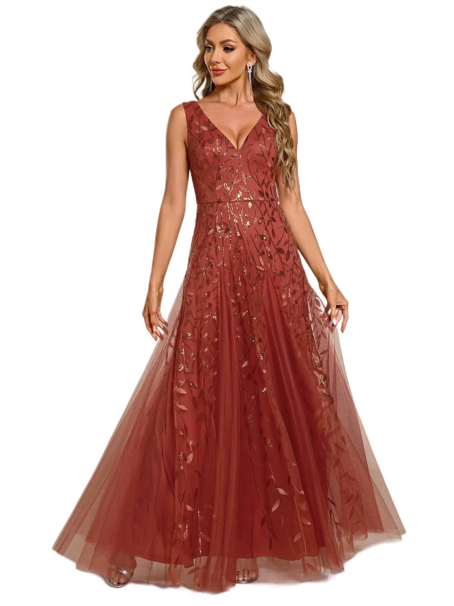 Ever-Pretty Womens Sexy Sleeveless V-Neck Evening Gowns Empire Waist Sequin Embroidery Formal Dress Burnt Orange US18