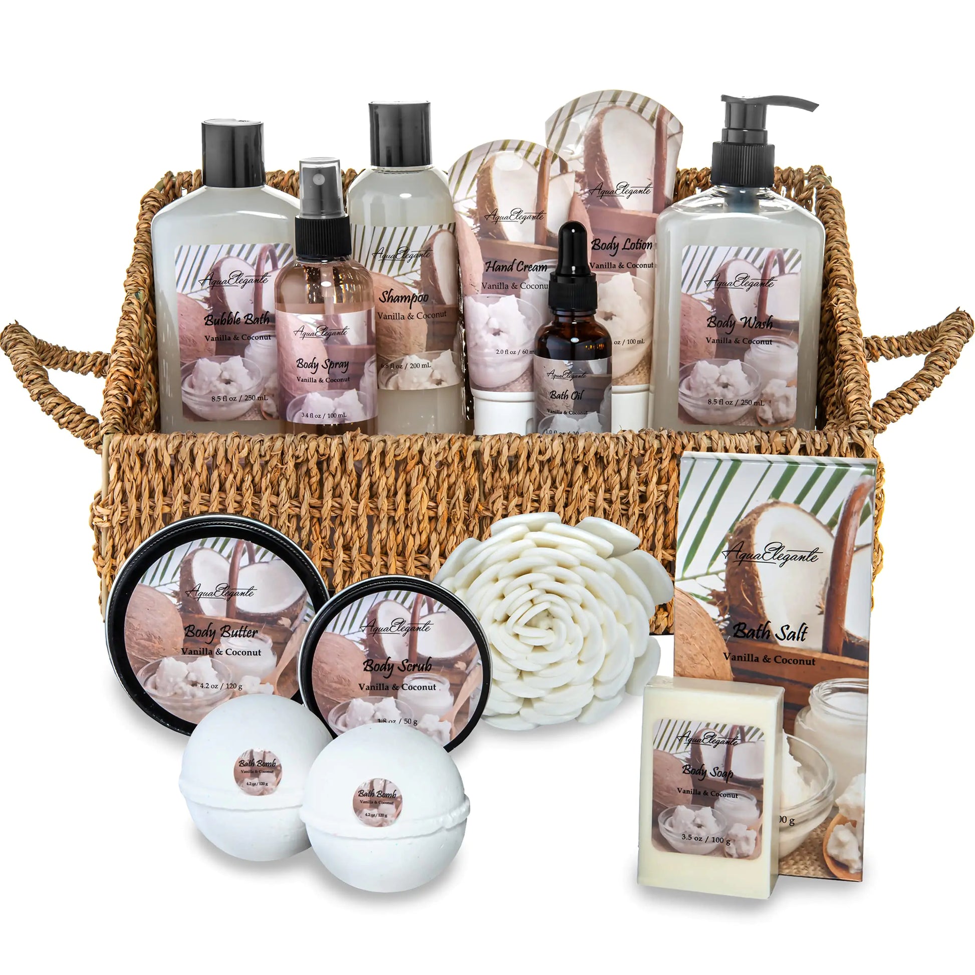 Bath Spa Gift Sets - Luxury Basket With Coconut & Vanilla - Spa Kit Includes Wash Bubble Bath Lotion Bath Salts Body Scrub Shower Puff Bathbombs Soap and Towel