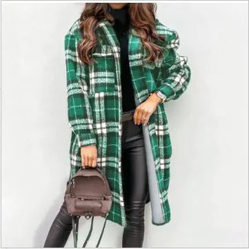 Women's Plaid Printed Long Overcoat Jacket