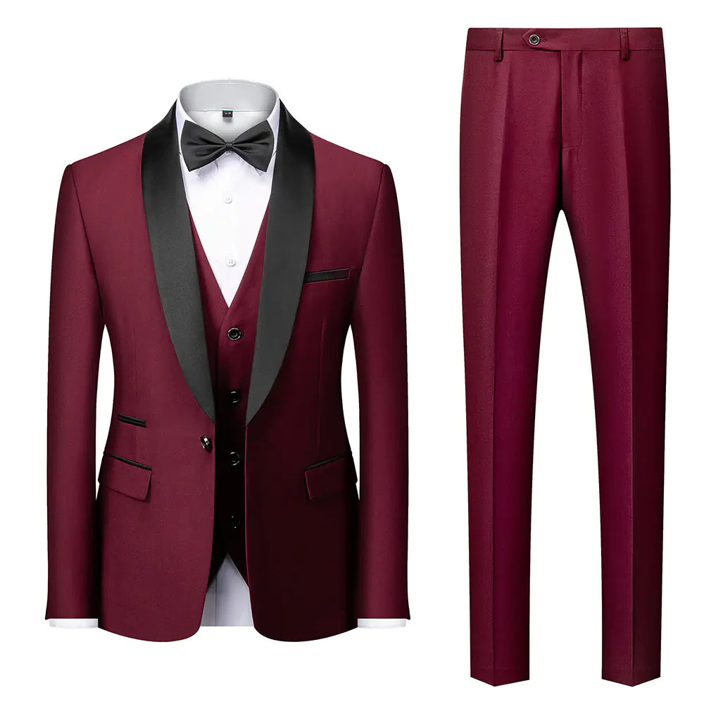 Men's Slim Fit Three-Piece Wedding Suit in Burgundy