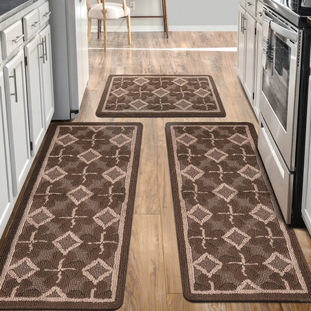 Kitchen rugs Sets 3 PCS Non Slip kitchen mats for floorSuper Absorbent kitchen runner rugWashable kitchen mats for KitchenBathroomFloorOfficeSink(Brown19.7"x47.2"+19.7"x31.5"+19.7" x 59")