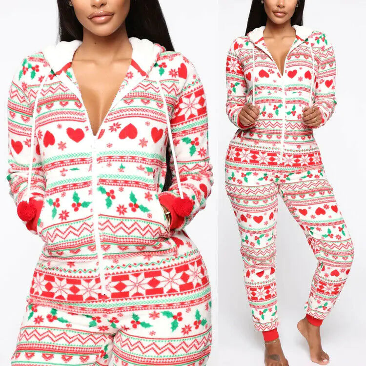 2020 Christmas Print Hooded Jumpsuit for Home Wear