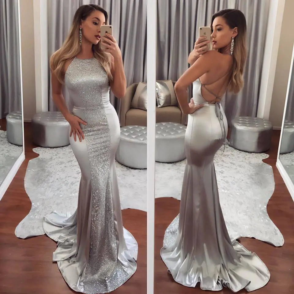 Silver Halter Backless Bodycon Dress