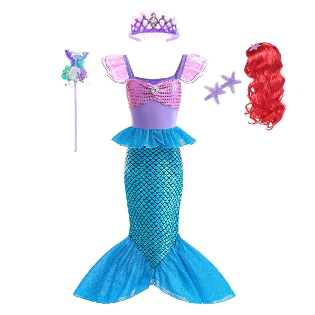 Dressy Daisy Shimmery Princess Mermaid Tail Fancy Dress Birthday Party Costume with Crown & Wig for Little Girls Size 6