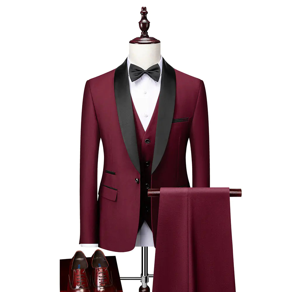 Men's Slim Fit Three-Piece Wedding Suit in Burgundy