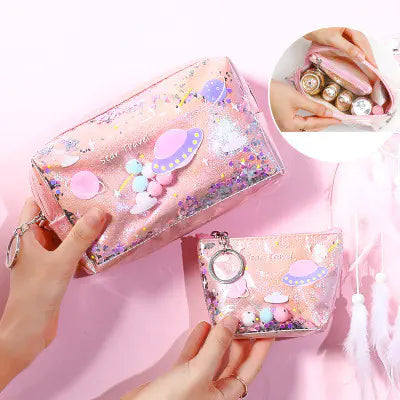 Makeup Bag with Glitter Coin Purse and Storage Pouch