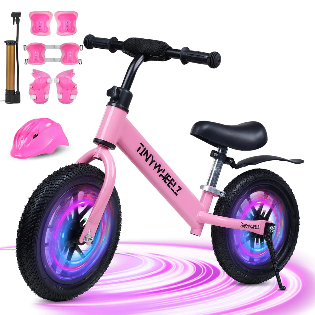 Balance Bike for Kids 2-5 Year Old - Lighting Tires with Adjustable Seat & Handlebar - No Pedal Toddler Balance Bike Gift for Boys and Girls Including Safety Helmet Air Pump Knee & Elbow Pads Set