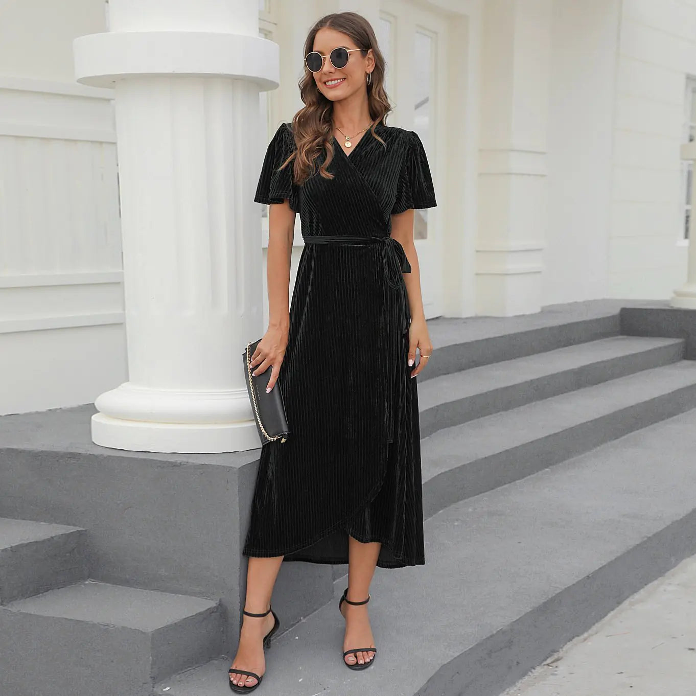 Mid-Length Formal Dress in Gold Velvet for Women